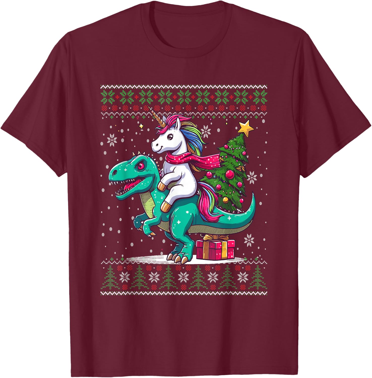 Christmas Unicorn Riding a Dinosaur Ugly Christmas Sweater T-Shirt - T-Shirt | Maroon