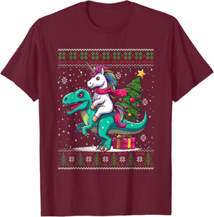 Christmas Unicorn Riding a Dinosaur Ugly Christmas Sweater T-Shirt - T-Shirt | Maroon