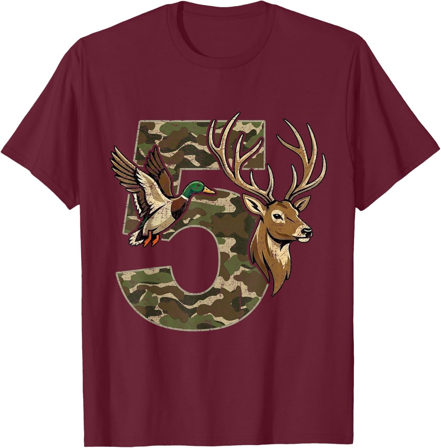 5 Years Old 5th Birthday for Boys Girls Camouflage Hunting T-Shirt - T-Shirt | Maroon