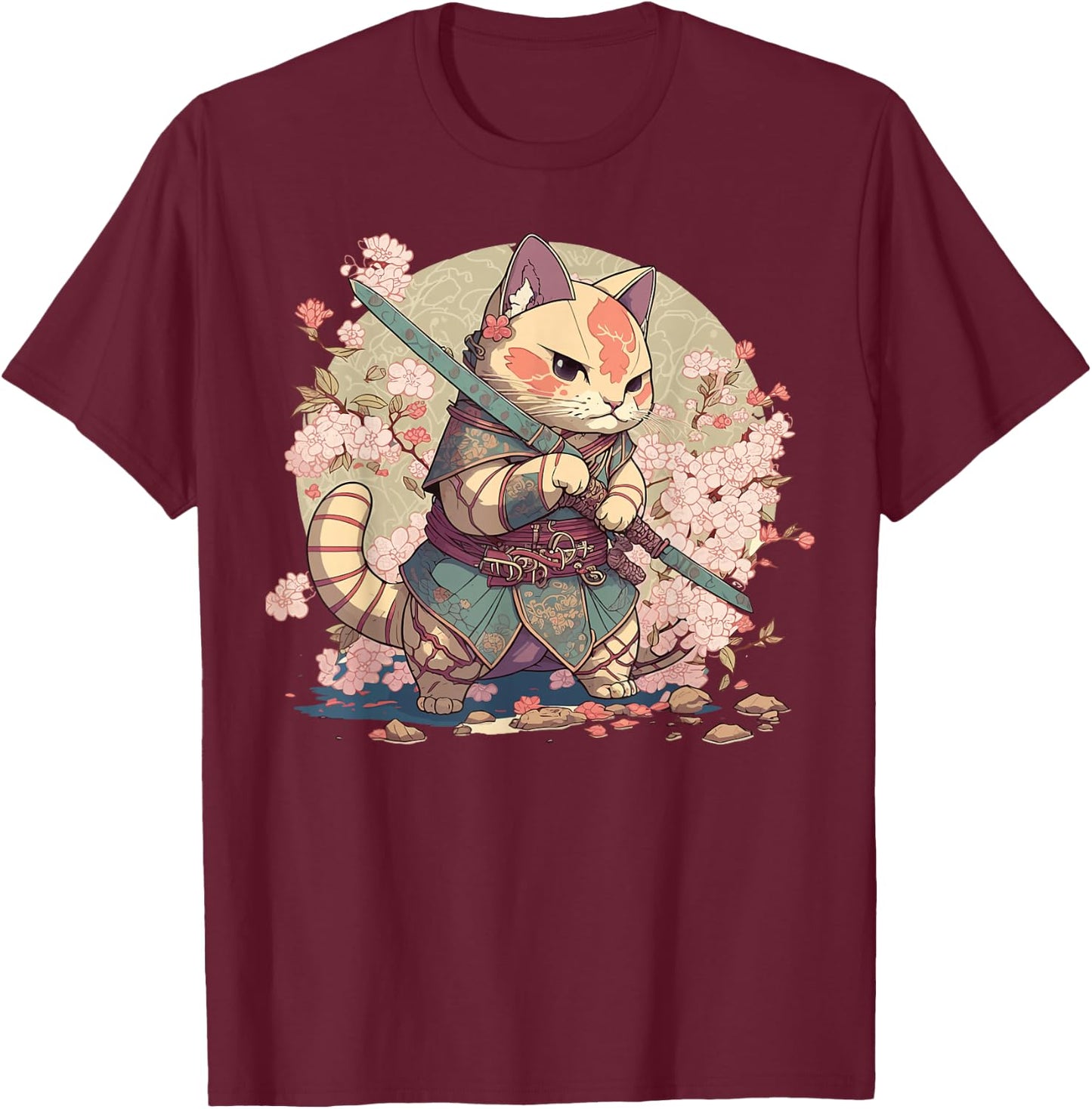 Japanese Samurai Warriors & Funny Kawaii Animes Samurai Cat Warrior Japanische Ninja-Katze Kawaii Schwarz Erwachsene und Kinder Kurzarm Klein T-Shirt - T-Shirt | Maroon