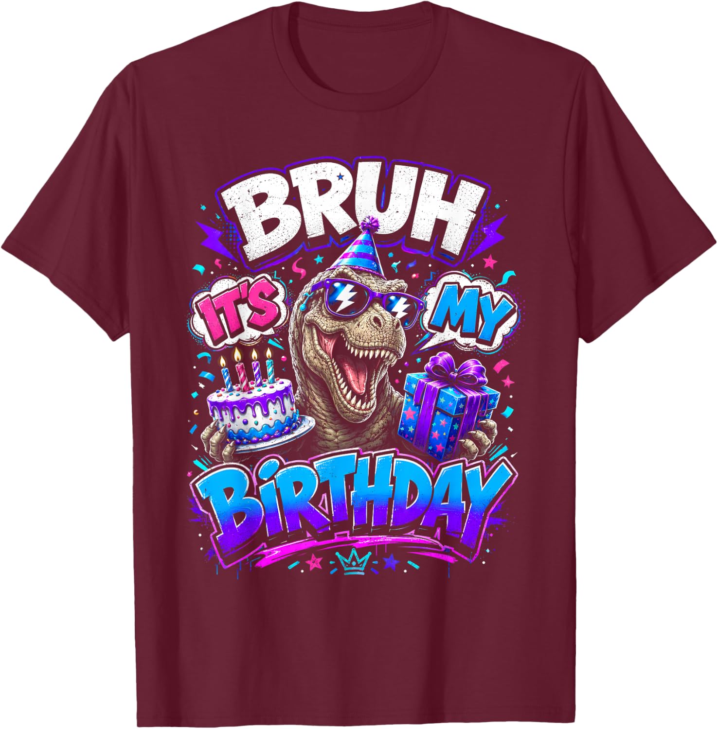Bruh Its My Birthday Dinosaur T-rex Men Boy Kids Funny Party T-Shirt - T-Shirt | Maroon