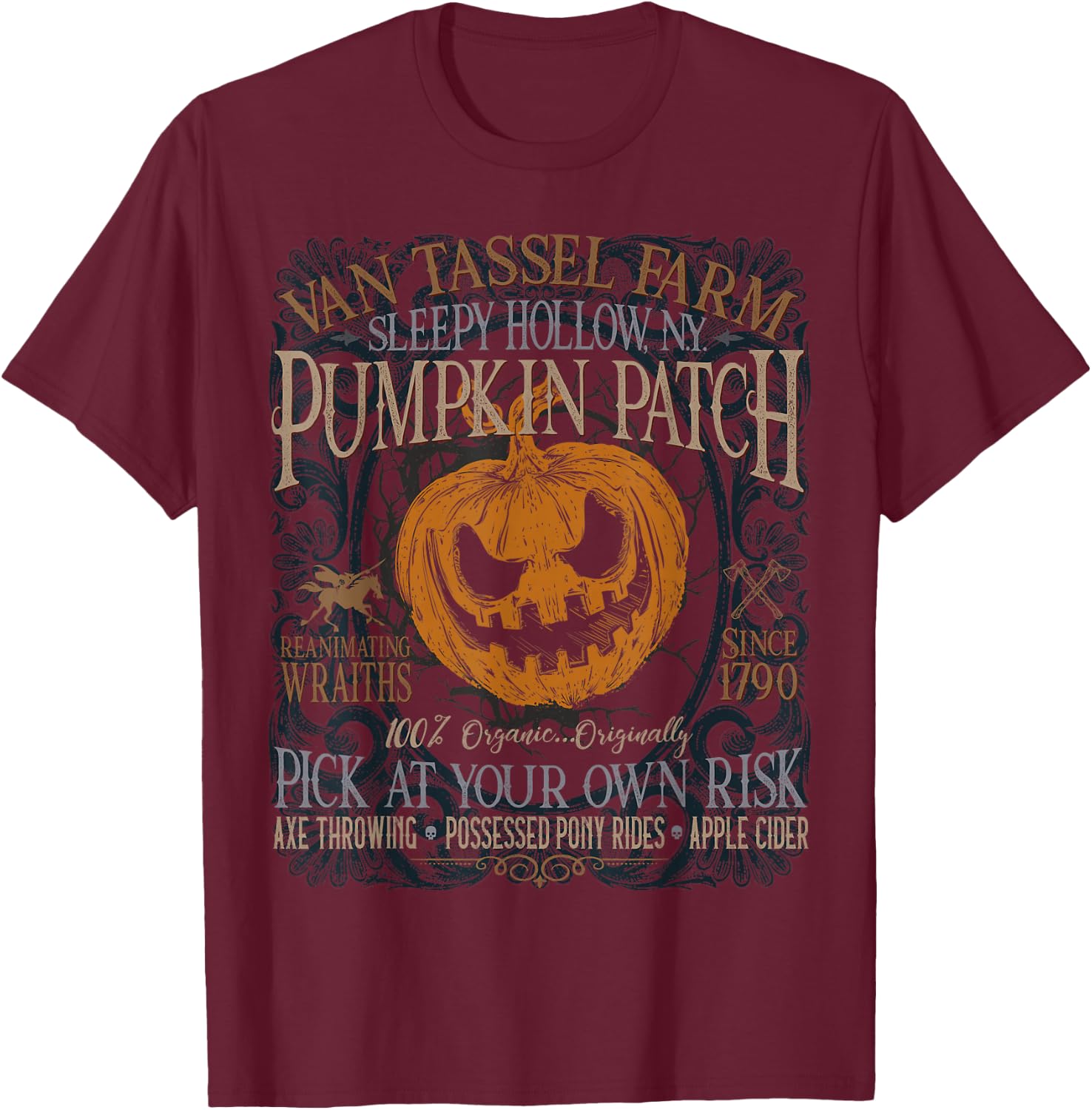 Ferme de Cueillette de Citrouilles Sleepy Hollow, NY , Black, S T-Shirt - T-Shirt | Maroon