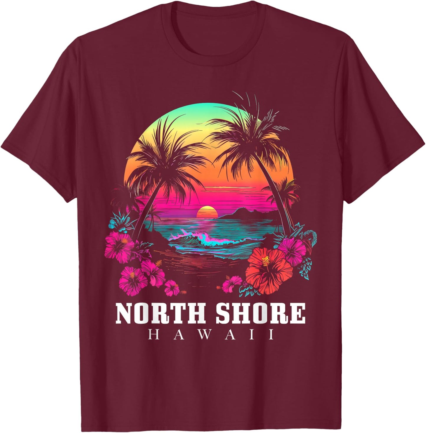 Surfer Souvenir North Shore Oahu Hawaii Hibiscus T-Shirt - T-Shirt | Maroon