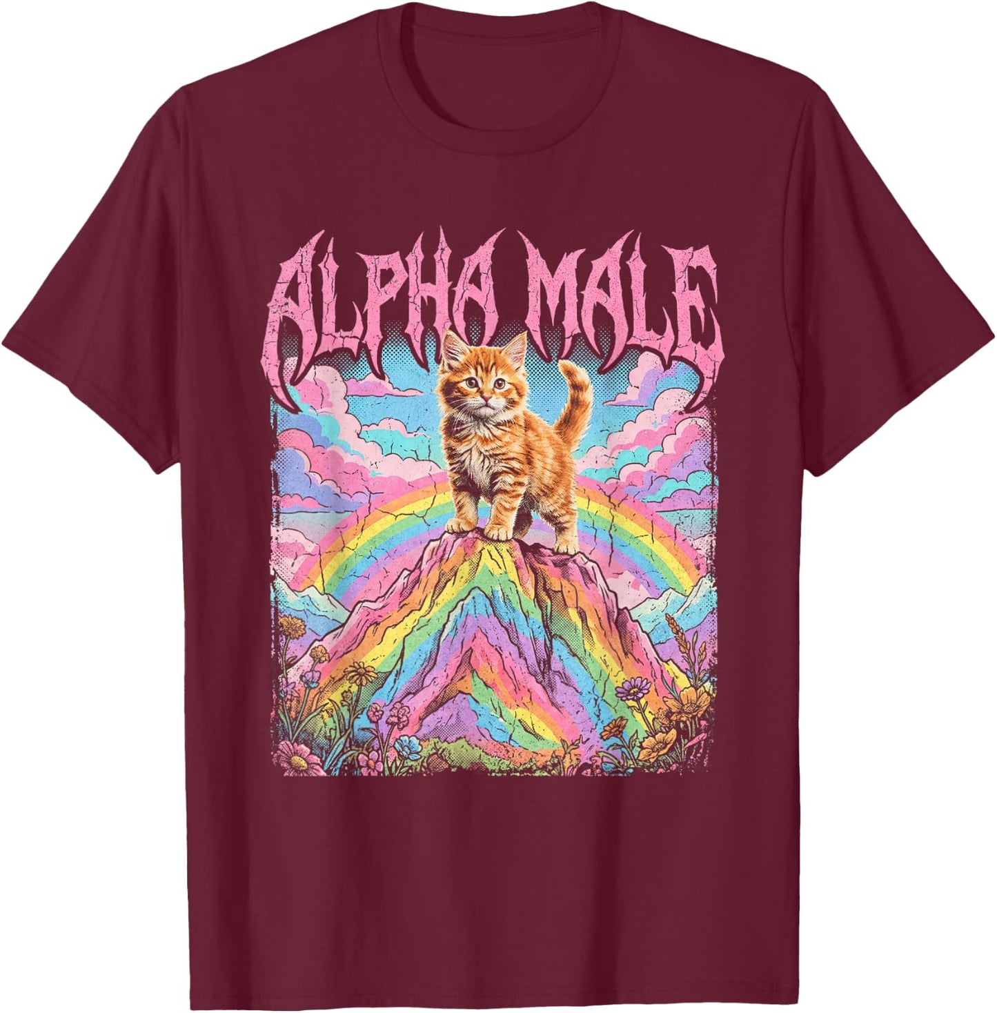 Alpha Male Kätzchen Lustige Katze Regenbogen Blumen T-Shirt - T-Shirt | Maroon