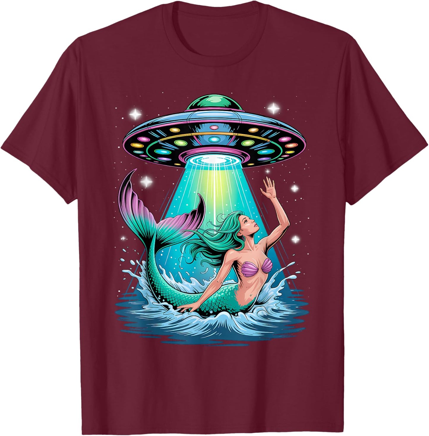 Mermaid Abduction Alien Invasion Funny UFO Spaceship T-Shirt - T-Shirt | Maroon