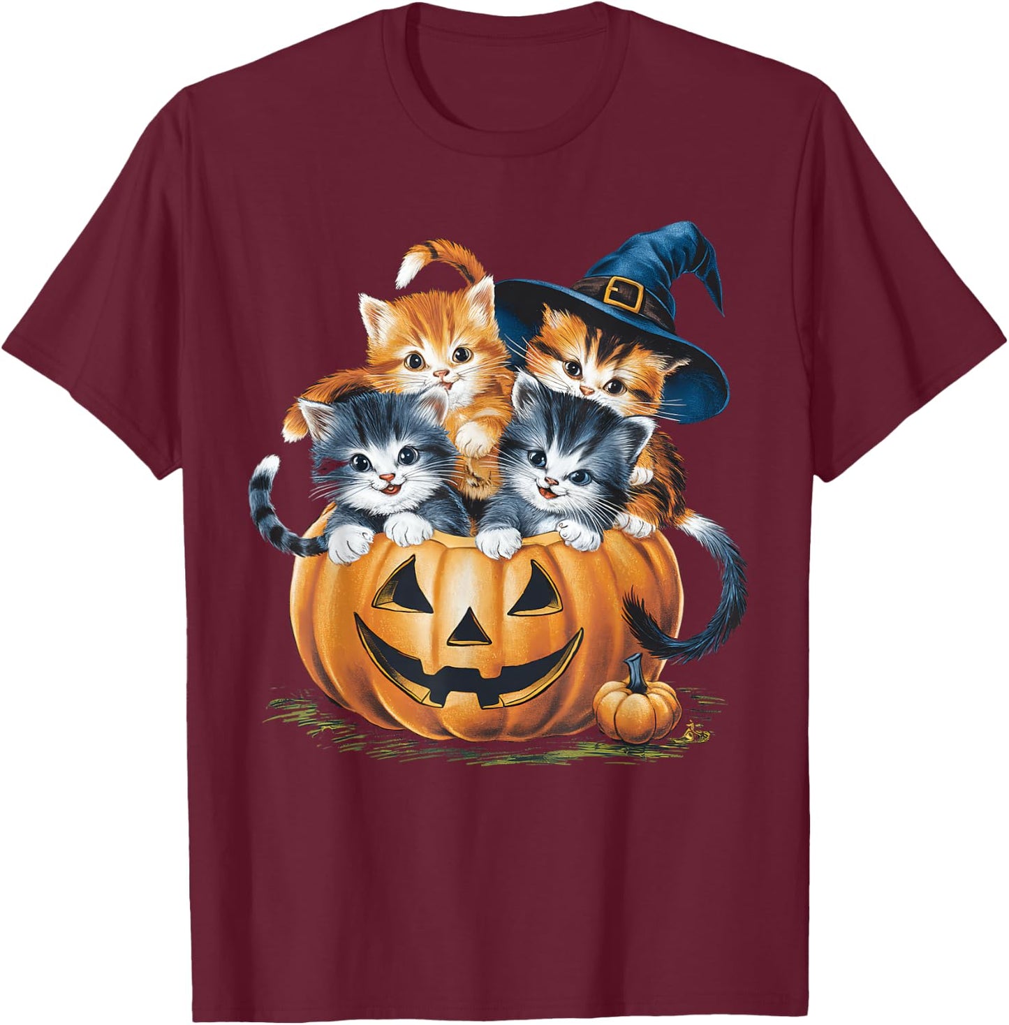 Vintage 90s Cat Pumpkin Halloween Retro Floral Spooky Season T-Shirt - T-Shirt | Maroon