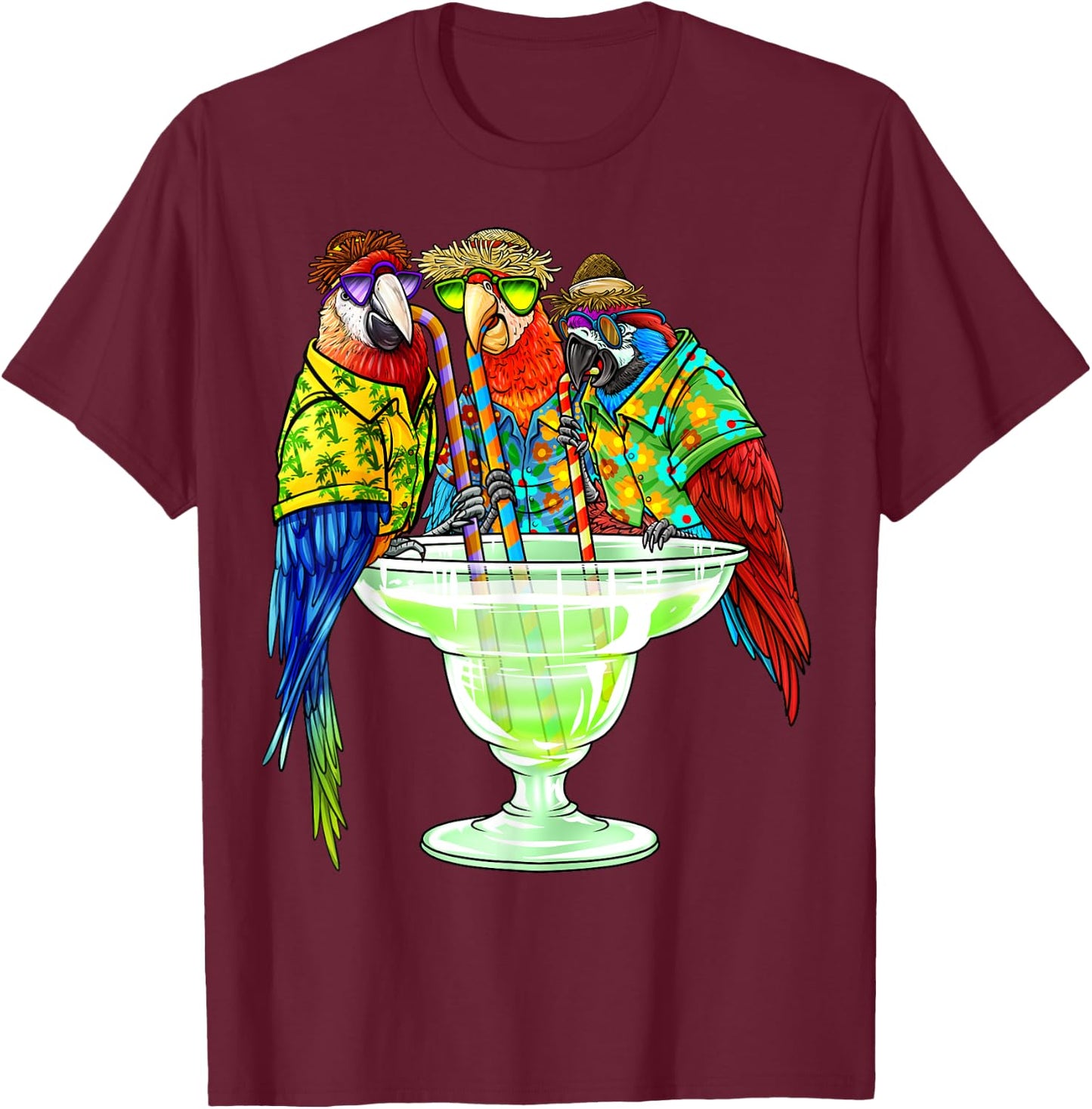 Parrots Drinking Margarita Hawaiian Vacation Birds T-Shirt - T-Shirt | Maroon