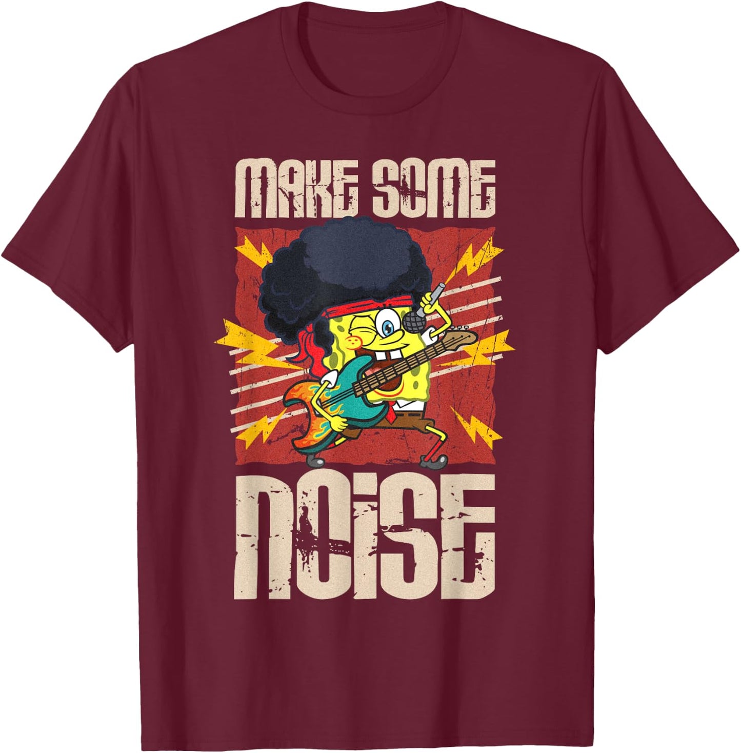 Mademark x SpongeBob SquarePants - SpongeBob Make Some Noise Rock and Roll Heavy Metal Retro T-Shirt - T-Shirt | Maroon