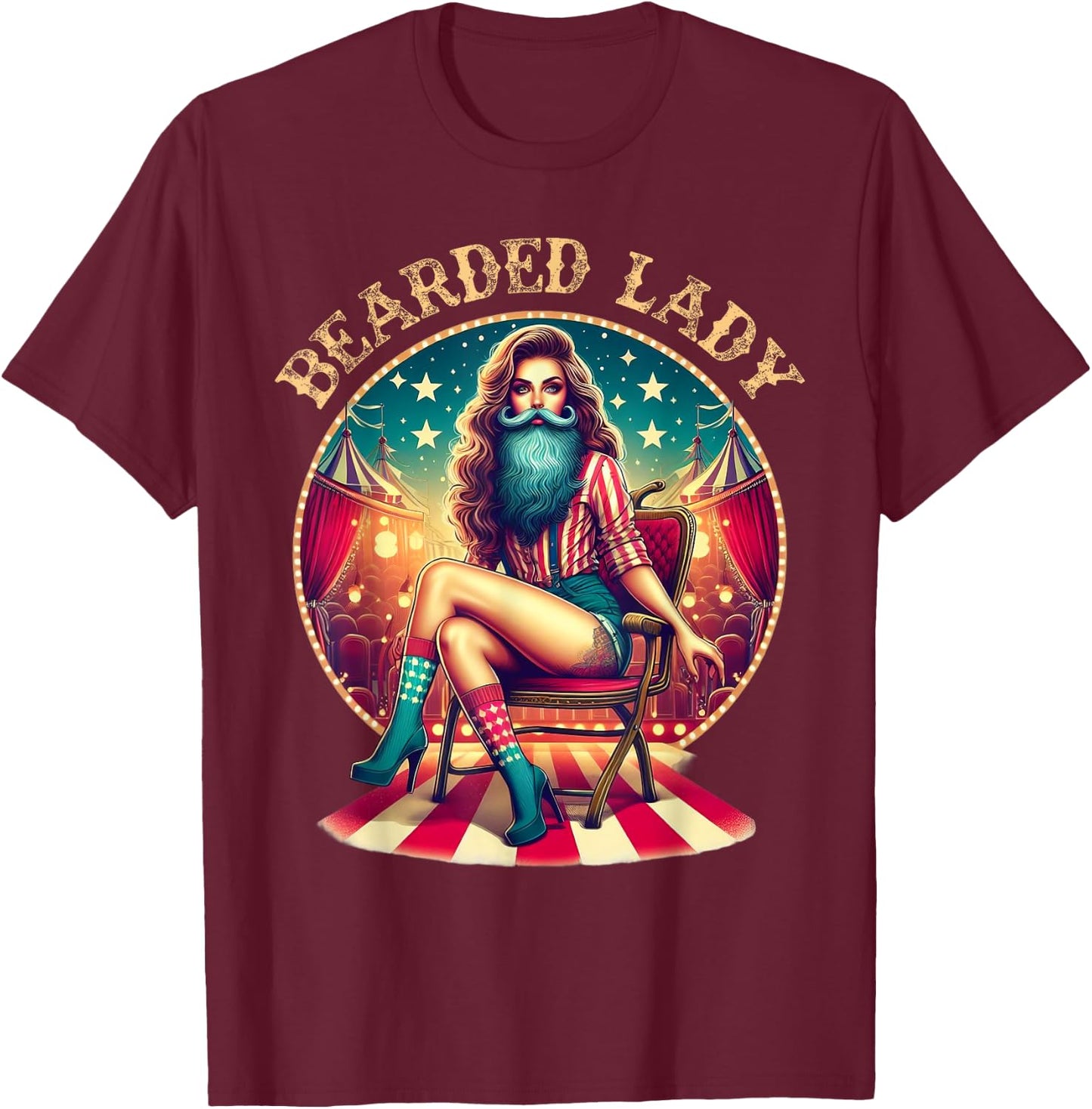 Bearded Lady Costume Circus Crew Vintage Carnival Party T-Shirt - T-Shirt | Maroon