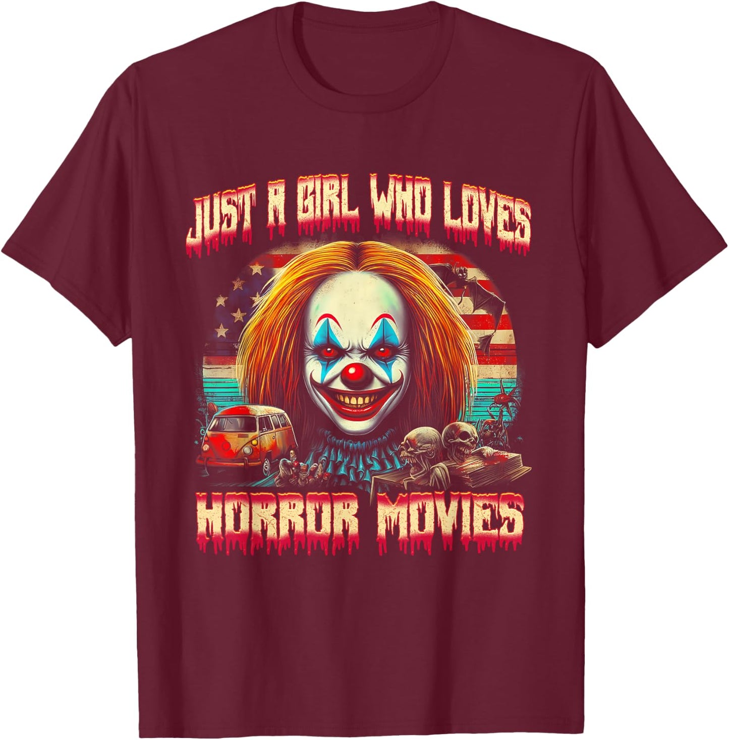 Vintage Just Girl Who Loves Horror Movies Clown Halloween T-Shirt - T-Shirt | Maroon