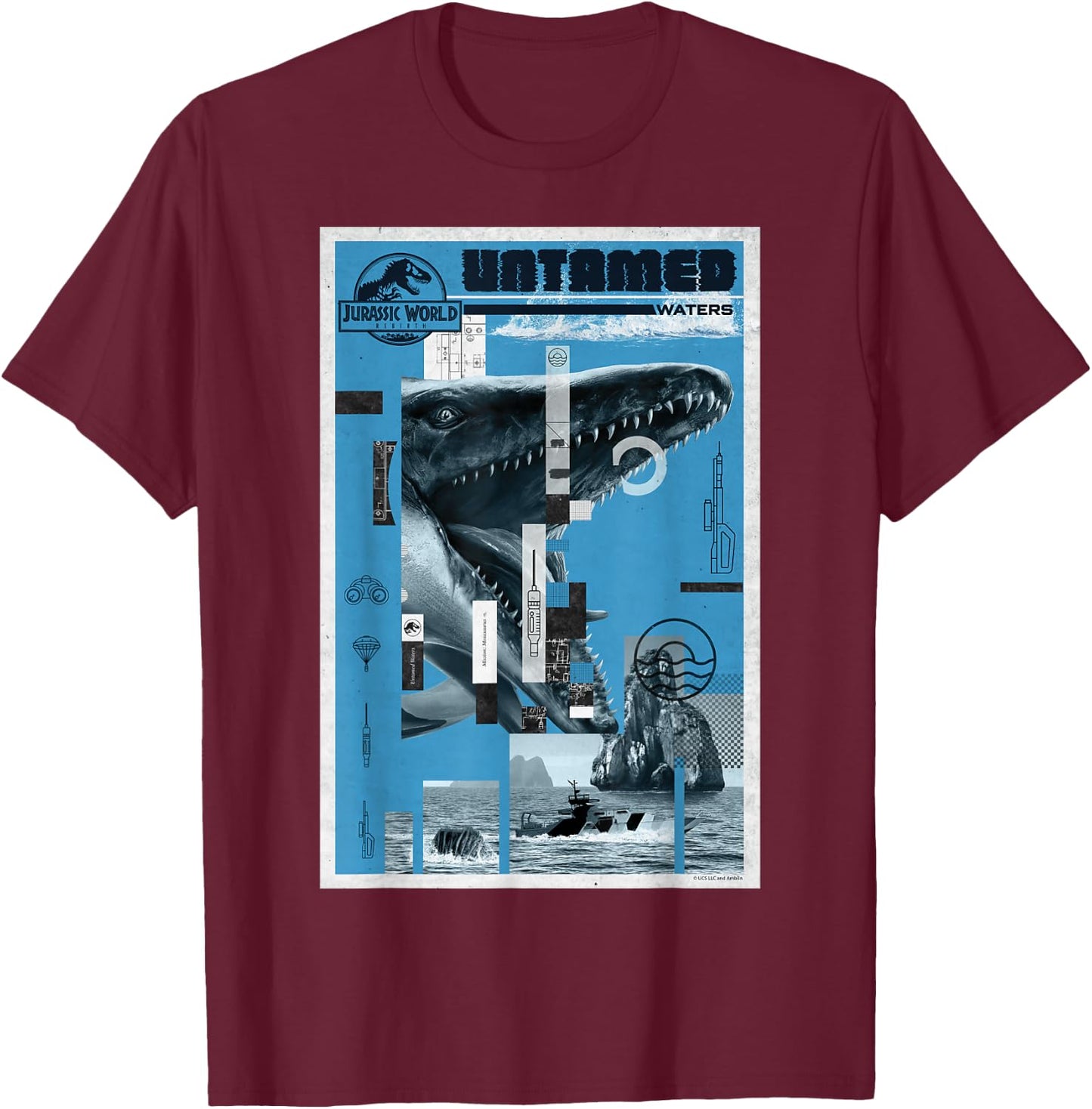 Jurassic World Rebirth Mosasaurus Untamed Waters T-Shirt - T-Shirt | Maroon