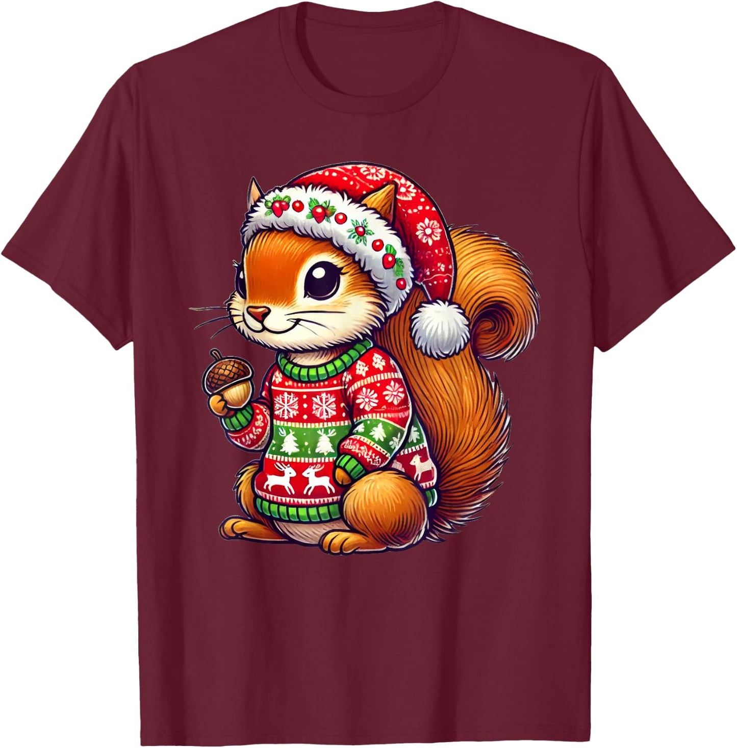 Squirrel Ugly Sweater Santa Hat Christmas T-Shirt - T-Shirt | Maroon