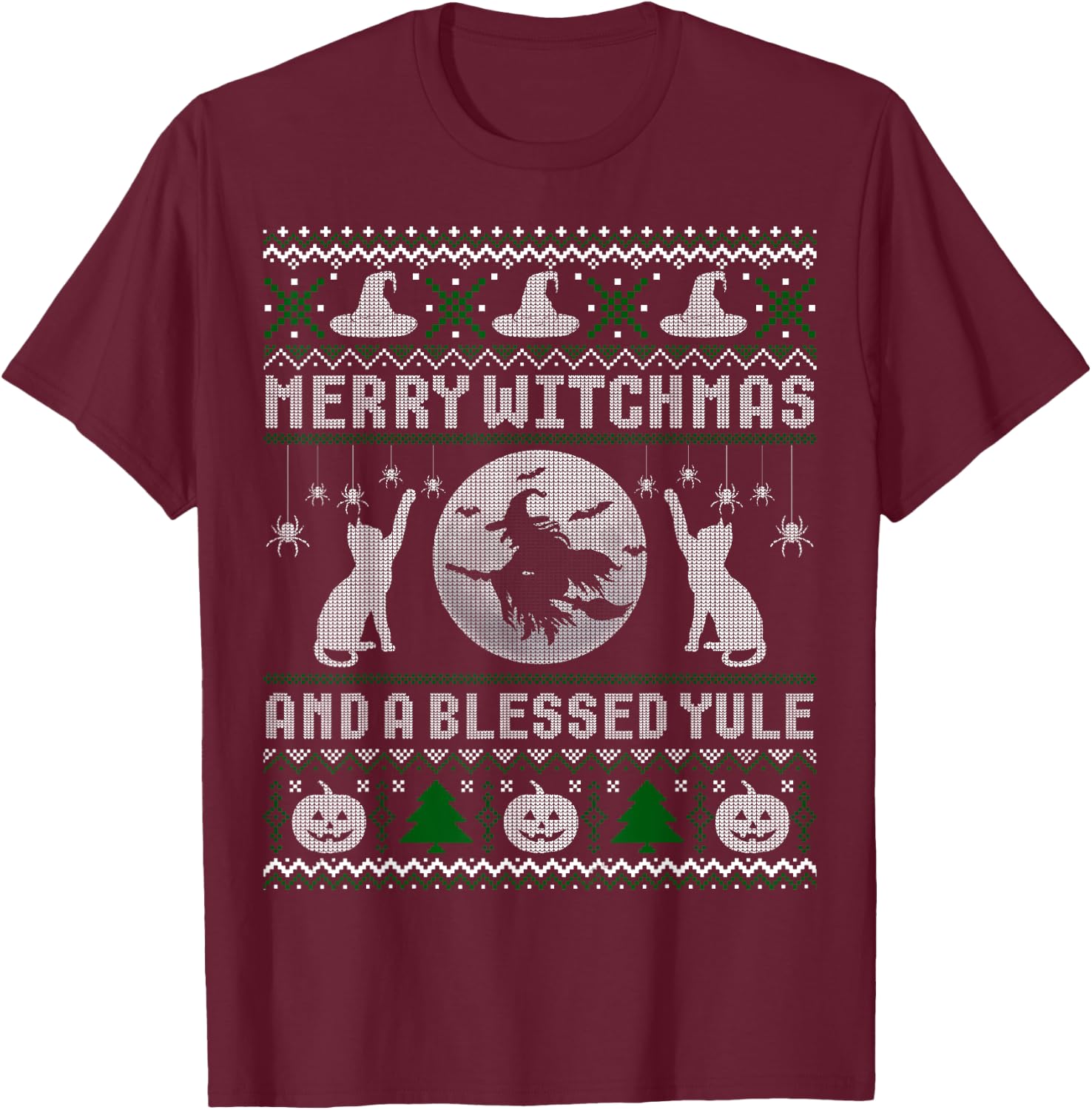 Merry Witchmas Cat Lover Ugly Christmas Sweaters Men Women Kids T-Shirt - T-Shirt | Maroon