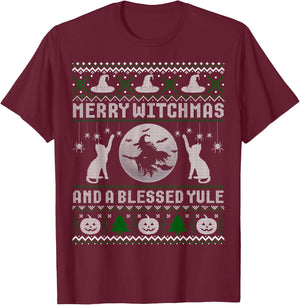 Merry Witchmas Cat Lover Ugly Christmas Sweaters Men Women Kids T-Shirt - T-Shirt | Maroon