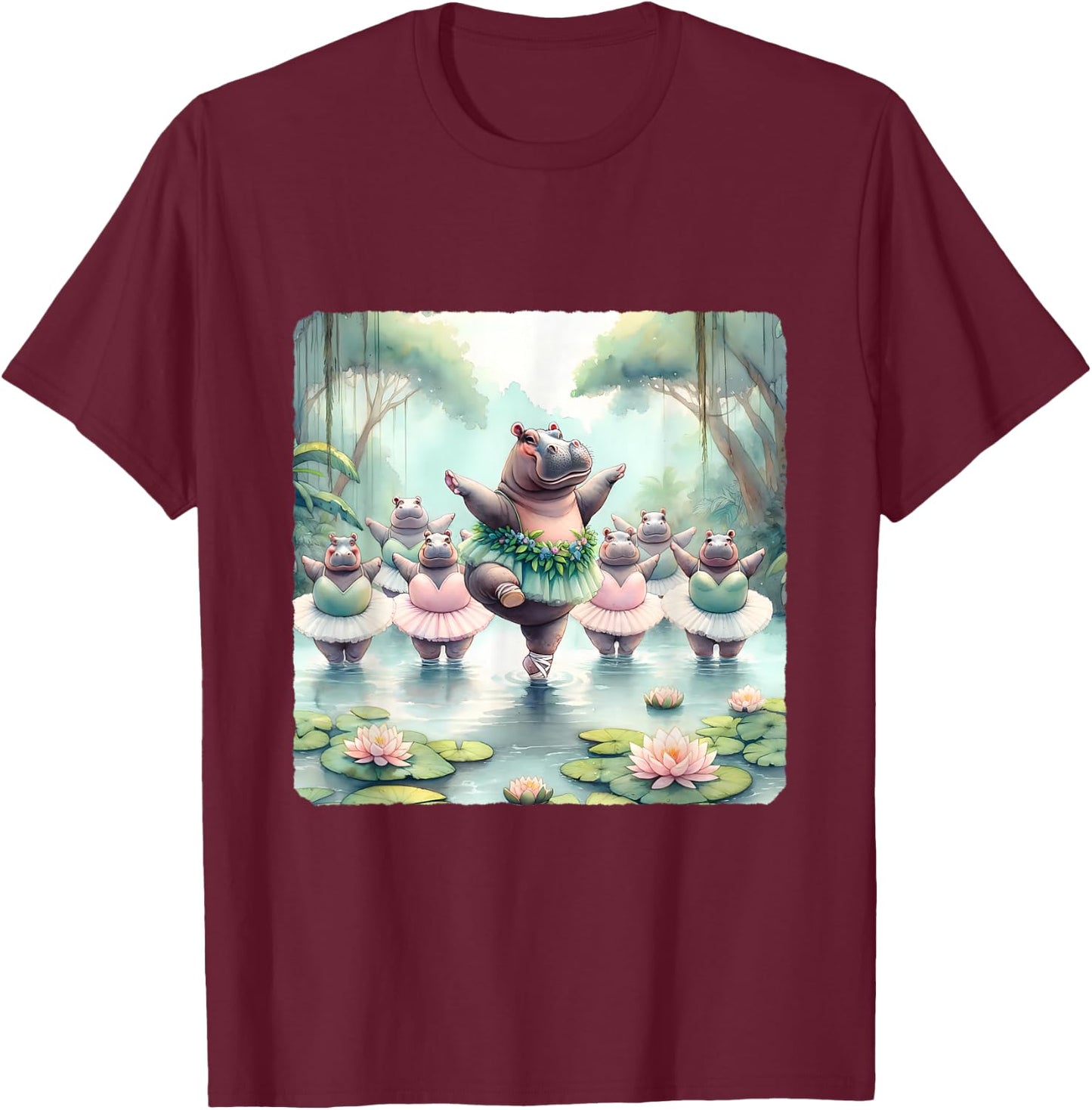 Hippos Ballet In River With Jungle Backdrop T-Shirt - T-Shirt | Maroon
