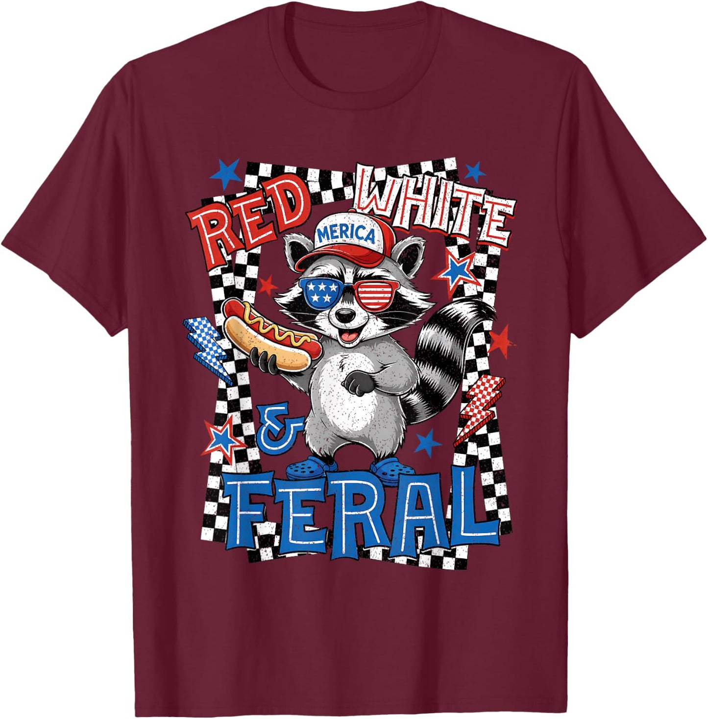 Red White & Feral American 1776-2026 Raccoon 4th of July T-Shirt - T-Shirt | Maroon