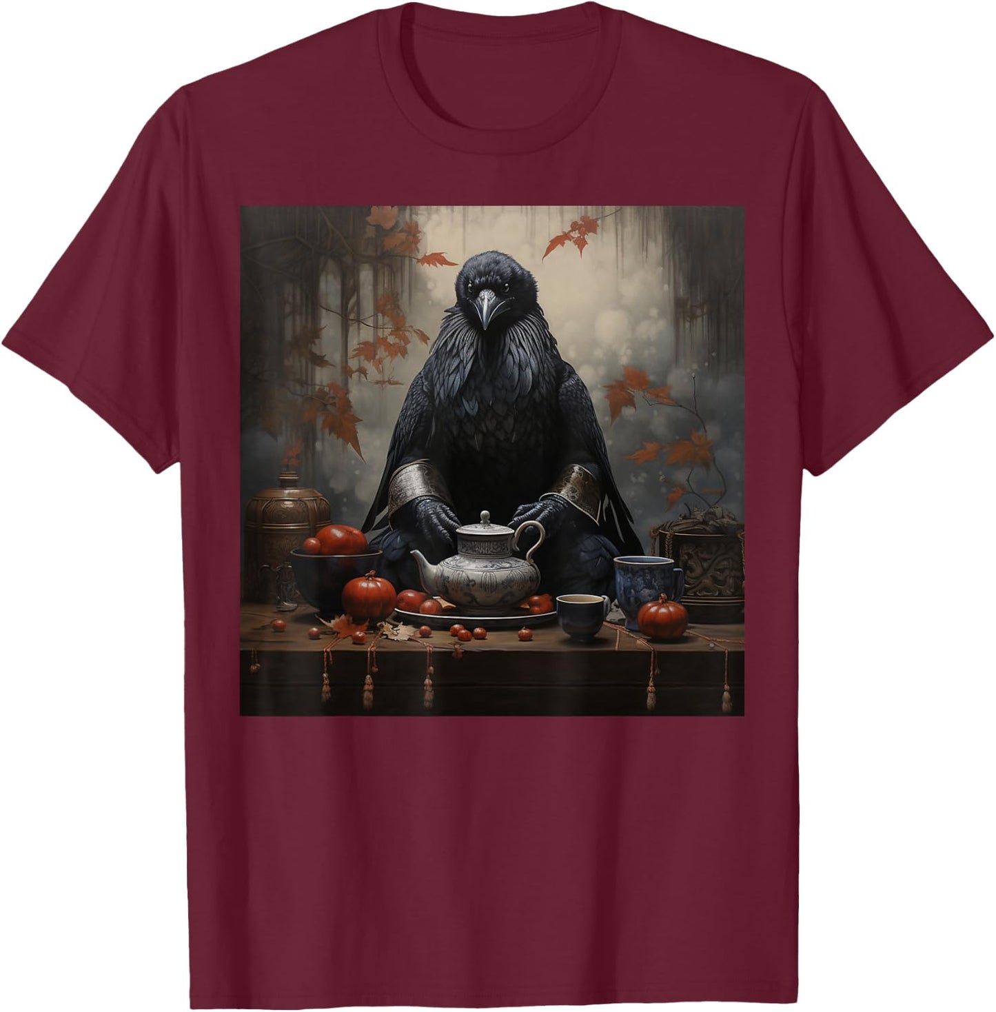Japanese Art Japanese Woodblock Art Print Tea Ceremony Crow T-Shirt - T-Shirt | Maroon