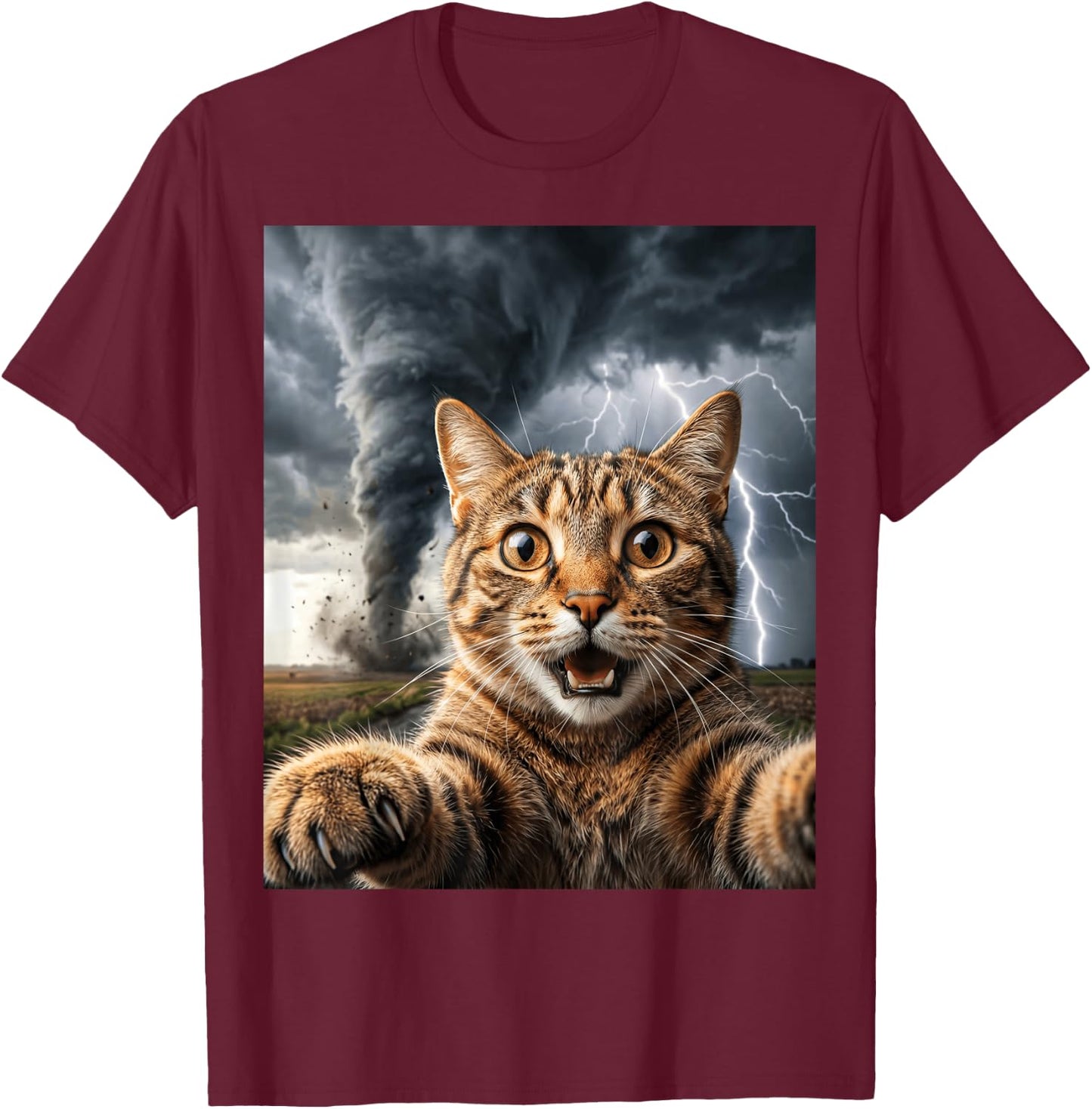 Funny Storm Chaser Cat Selfie Tornado Weather T-Shirt - T-Shirt | Maroon