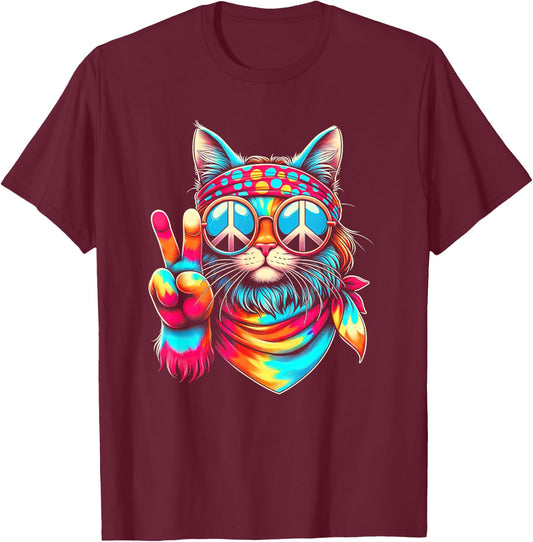 Funny Peace Cat Retro 70s Rainbow Hippie Cat Peace Sign Hand T-Shirt - T-Shirt | Maroon