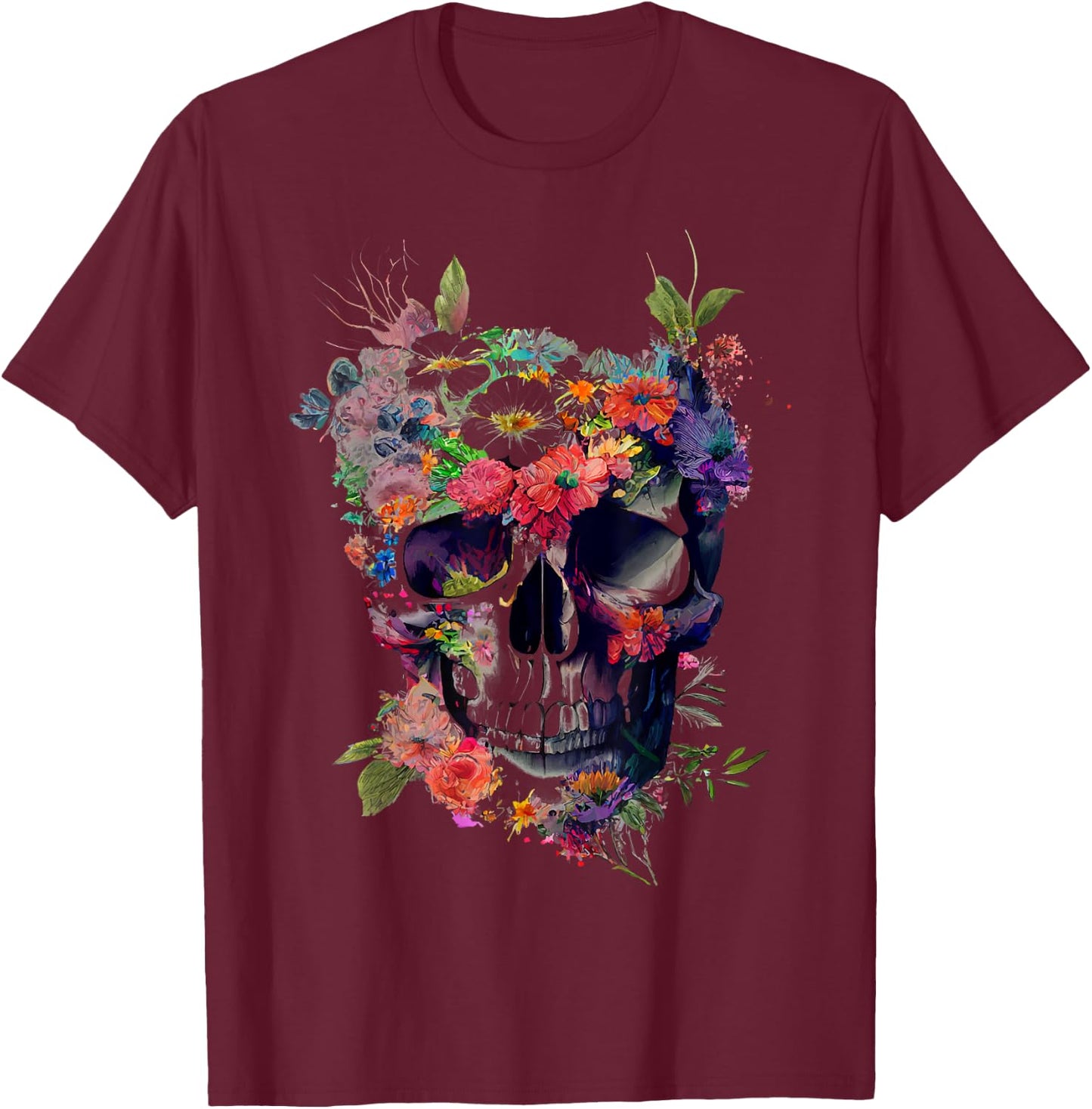 Totenkopf mit Blumen T-Shirt - T-Shirt | Maroon