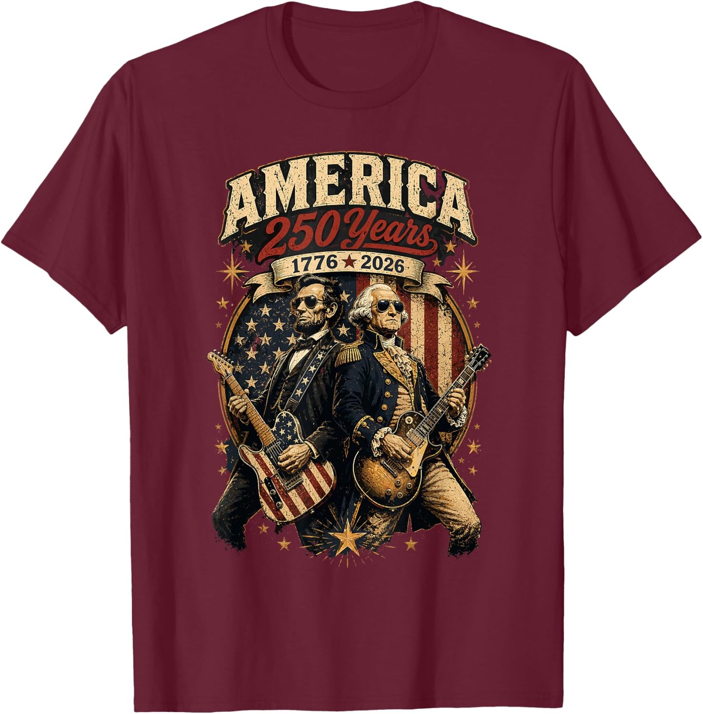 George Washington Abraham Lincoln Playing Guitar 4th July T-Shirt - T-Shirt | Maroon