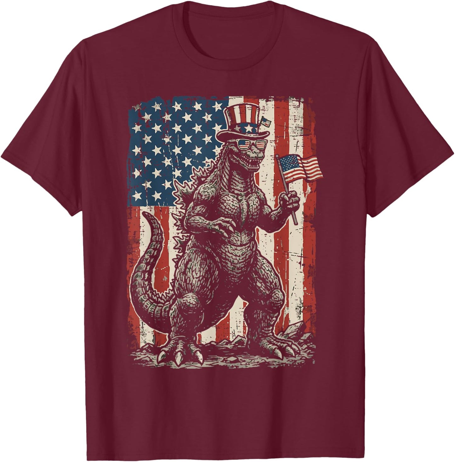 Japanese Lizard Monster US Flag 4th of July Men Women Kids T-Shirt - T-Shirt | Maroon