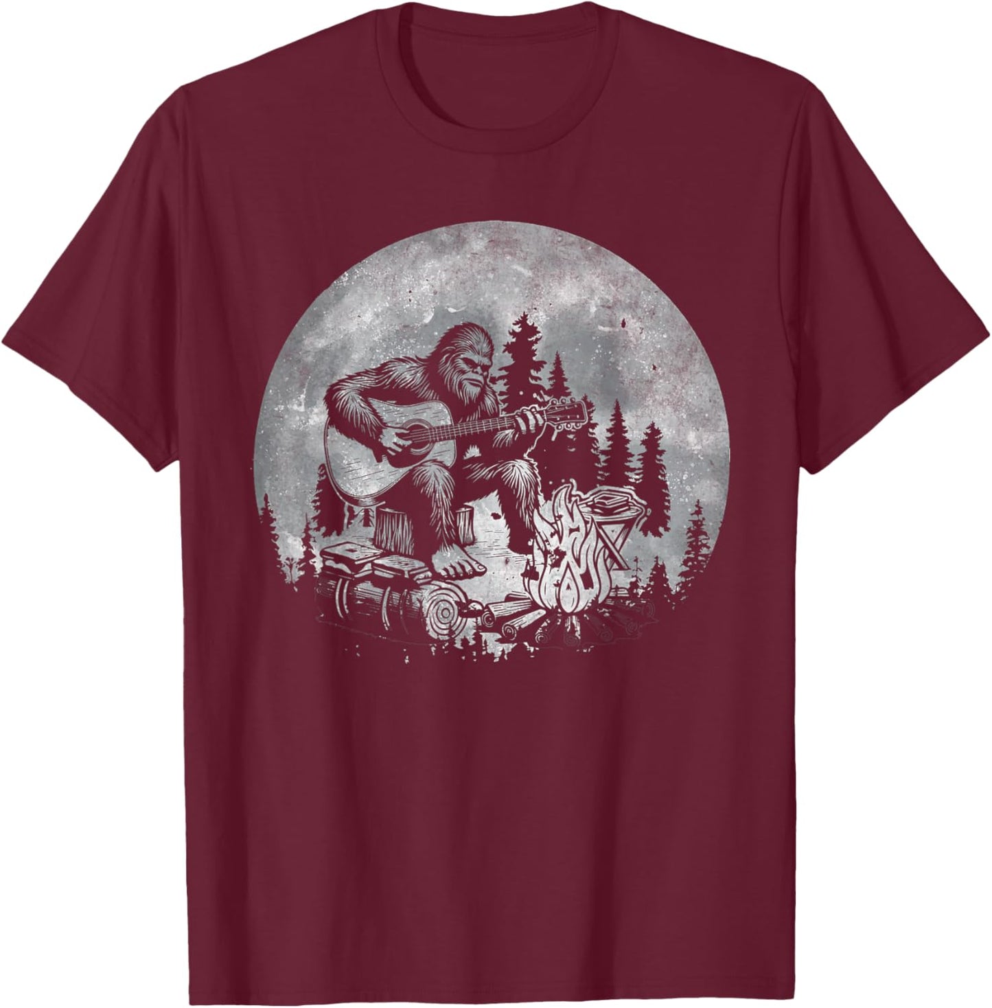 Rock Music Bigfoot Camping Full Moon Bigfoot Playing Guitar T-Shirt - T-Shirt | Maroon