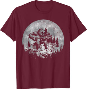 Rock Music Bigfoot Camping Full Moon Bigfoot Playing Guitar T-Shirt - T-Shirt | Maroon