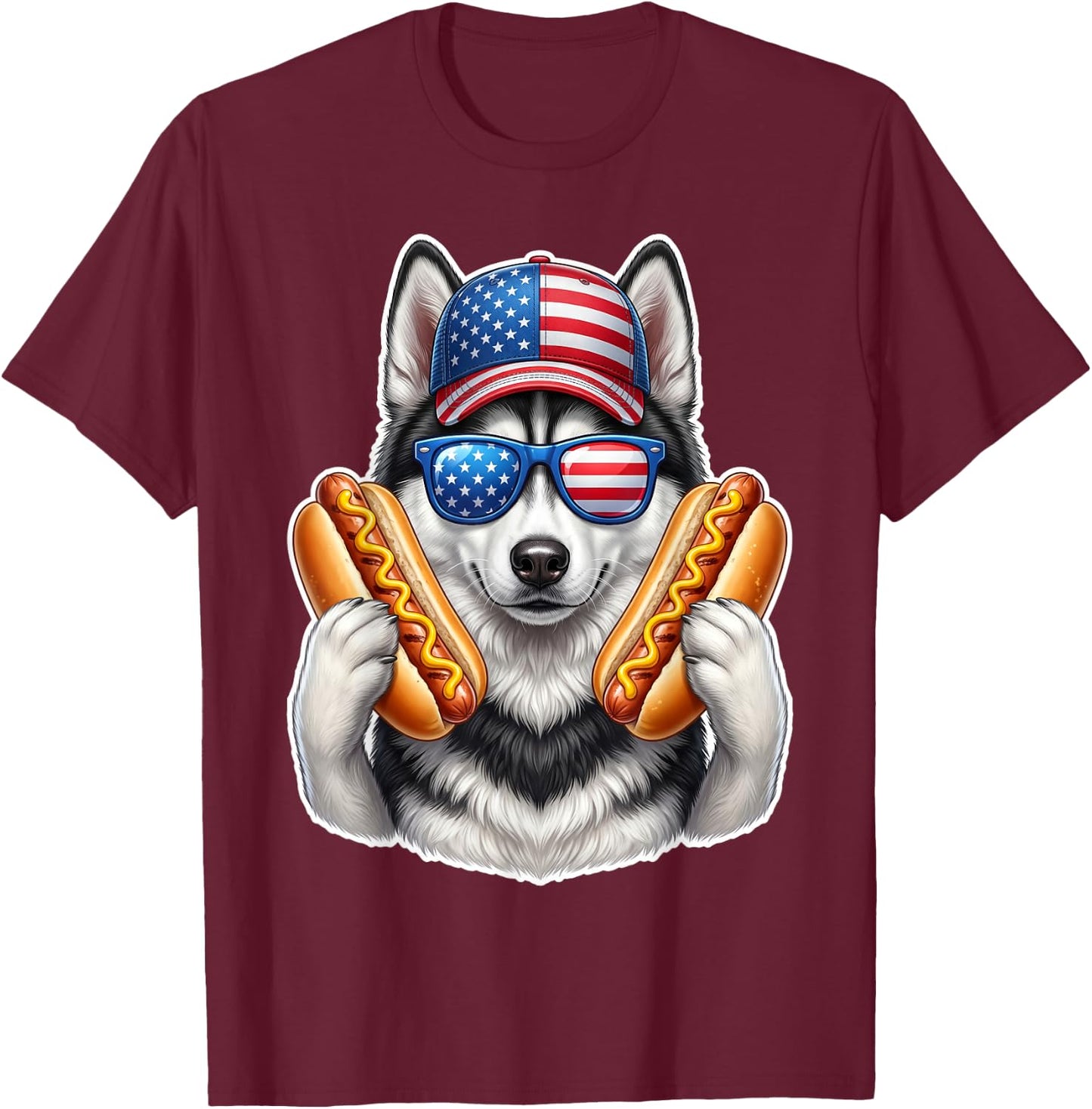 4th of July Hotdog Siberian Husky Funny Patriotic USA Flag T-Shirt - T-Shirt | Maroon