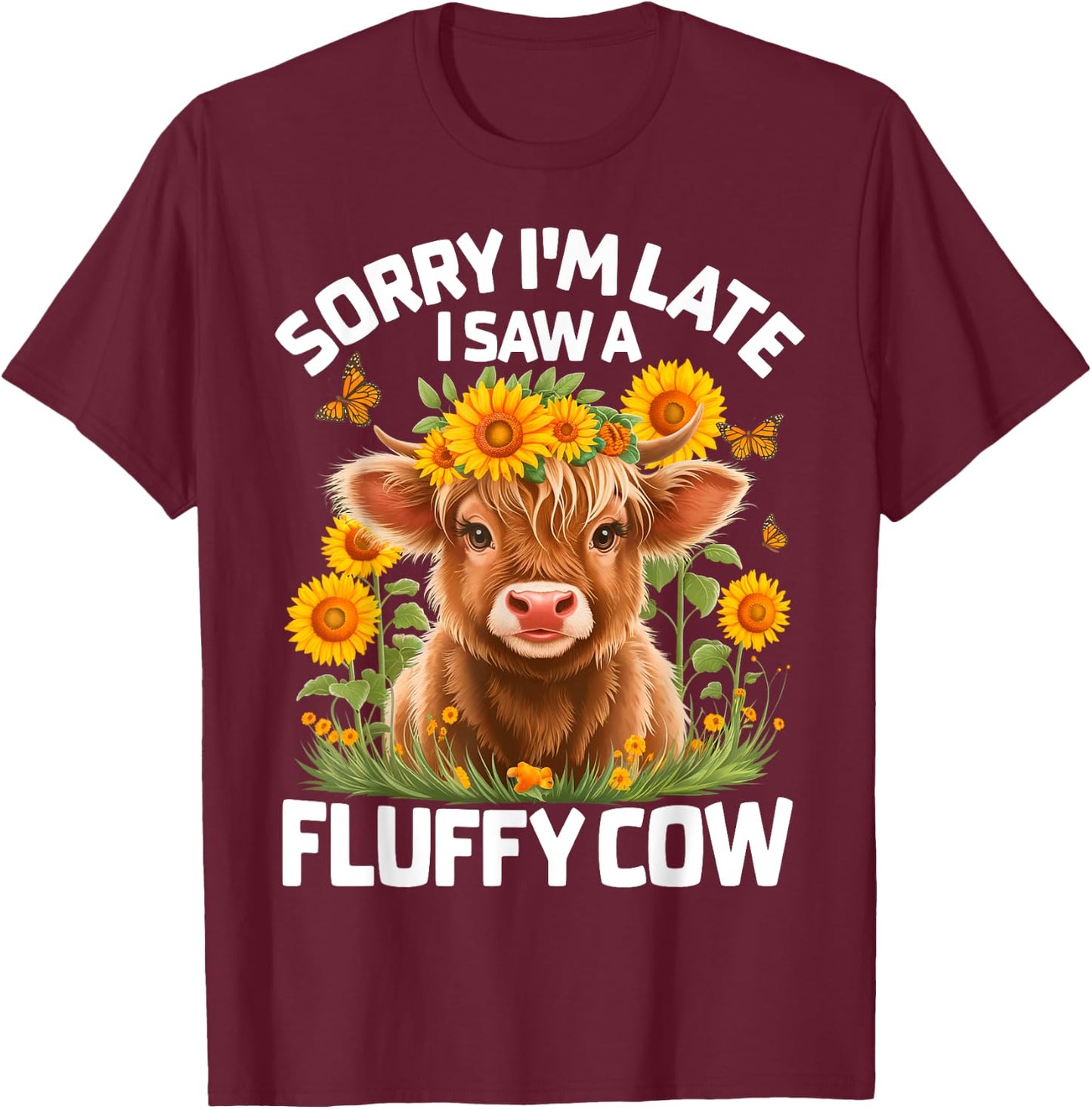 Cute Fluffy Highland Cow Design for Cow Lovers T-Shirt - T-Shirt | Maroon