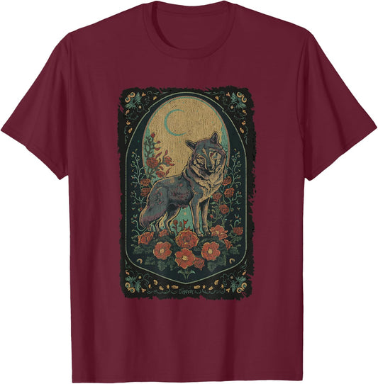 Wolf Tarot Card Women Full Moon Cottagecore Kids Floral Wolf T-Shirt - T-Shirt | Maroon
