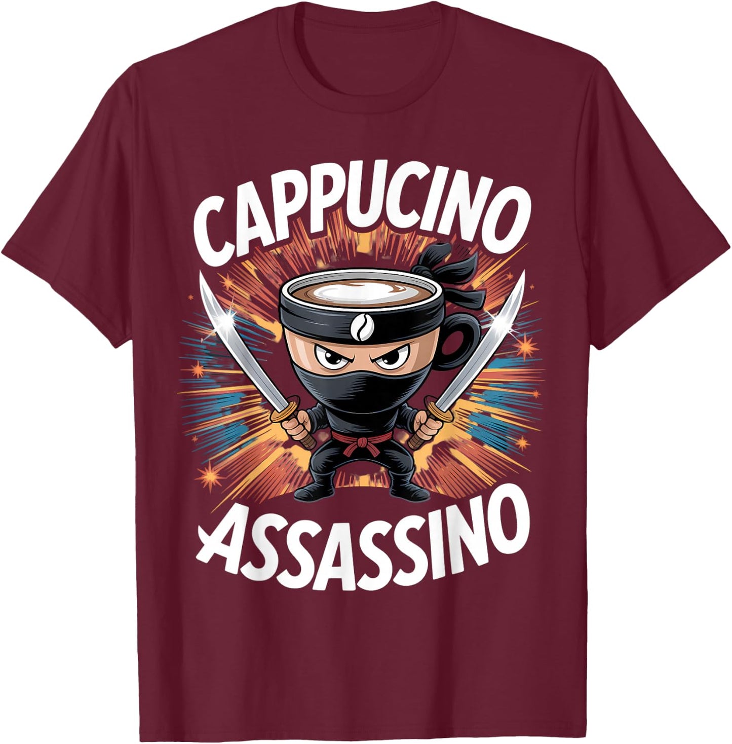 Cappuccino Assassino Brainrot Cafe Italian Assassin Meme T-Shirt - T-Shirt | Maroon