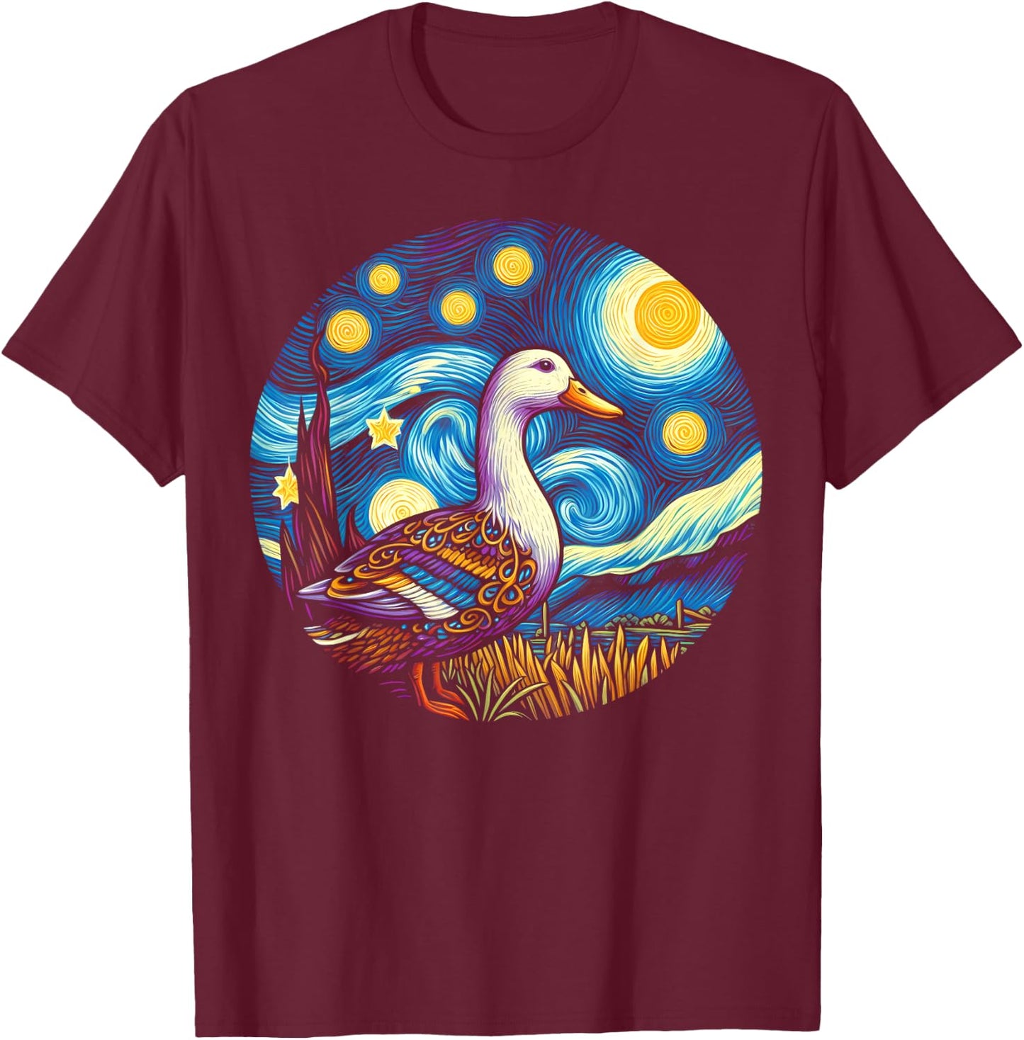 Duck Under Starry Night Sky Art Graphic Christmas T-Shirt - T-Shirt | Maroon