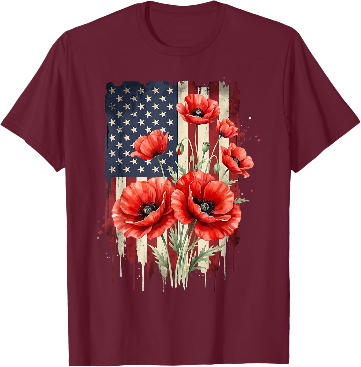 Vintage Red Poppy Flower American Flag 4th of July Poppies T-Shirt - T-Shirt | Maroon