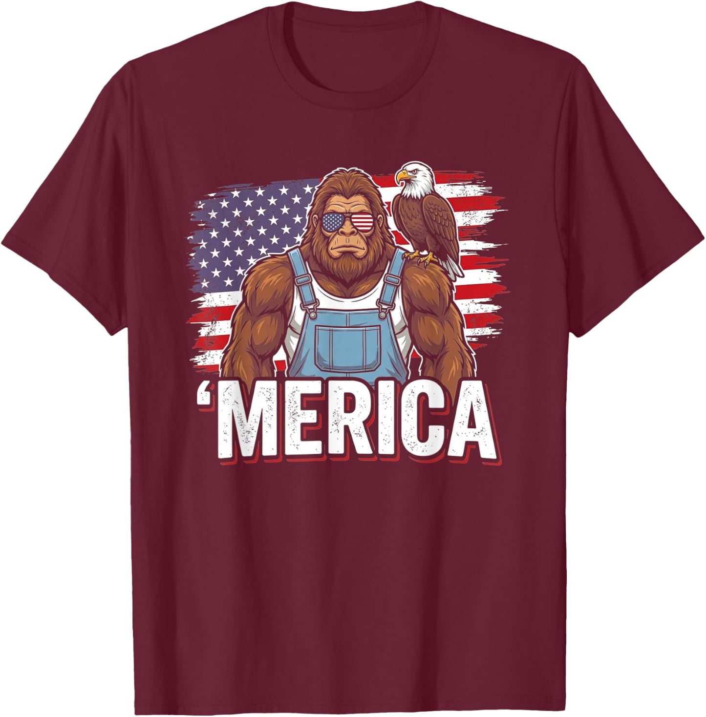 America Bigfoot Patriotic USA Eagle Sasquatch T-Shirt - T-Shirt | Maroon