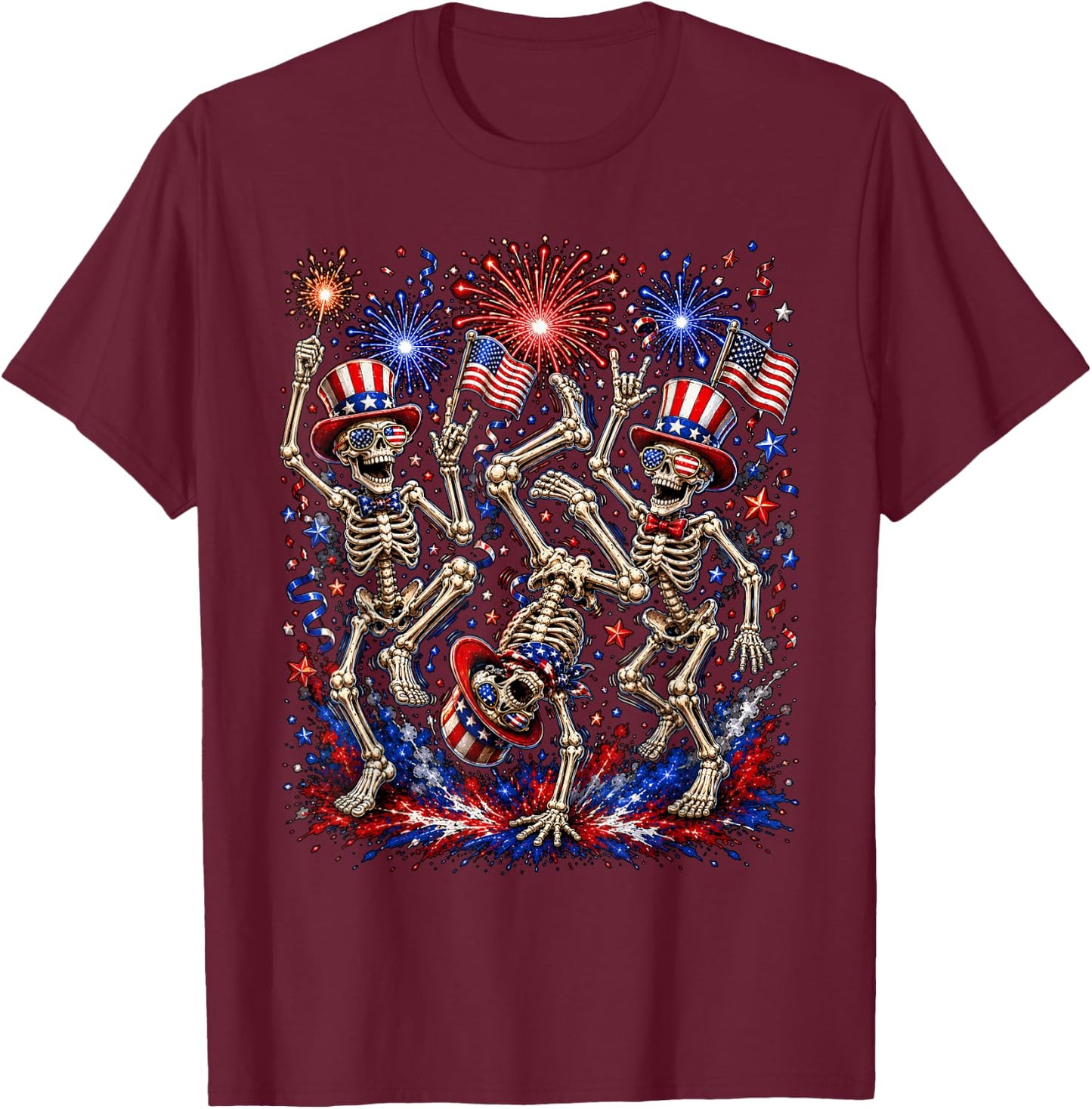 USA Fireworks Patriotic Dancing Skeletons 4th of July Gothic T-Shirt - T-Shirt | Maroon