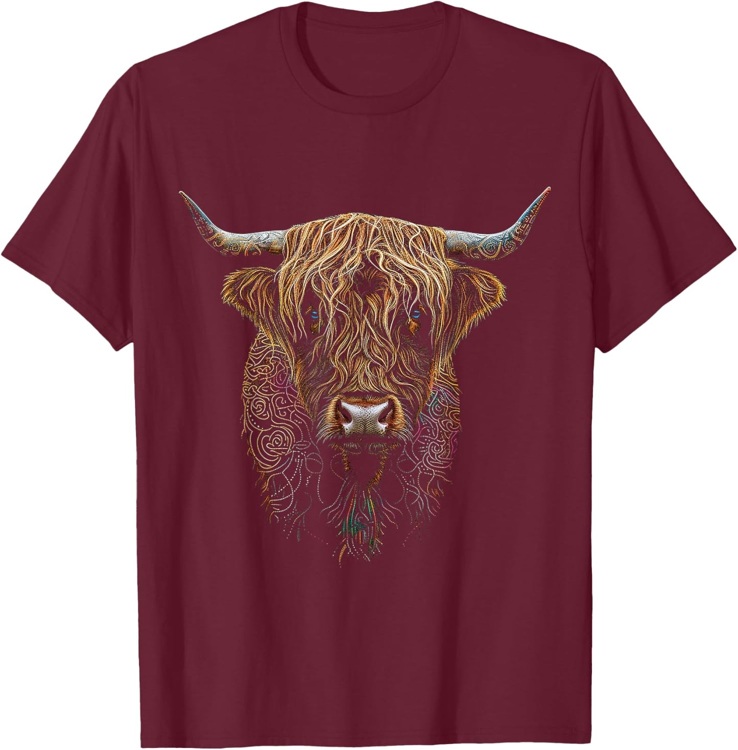 Highland Cow Mandala Animal Art Graphic Highland Cow T-Shirt - T-Shirt | Maroon