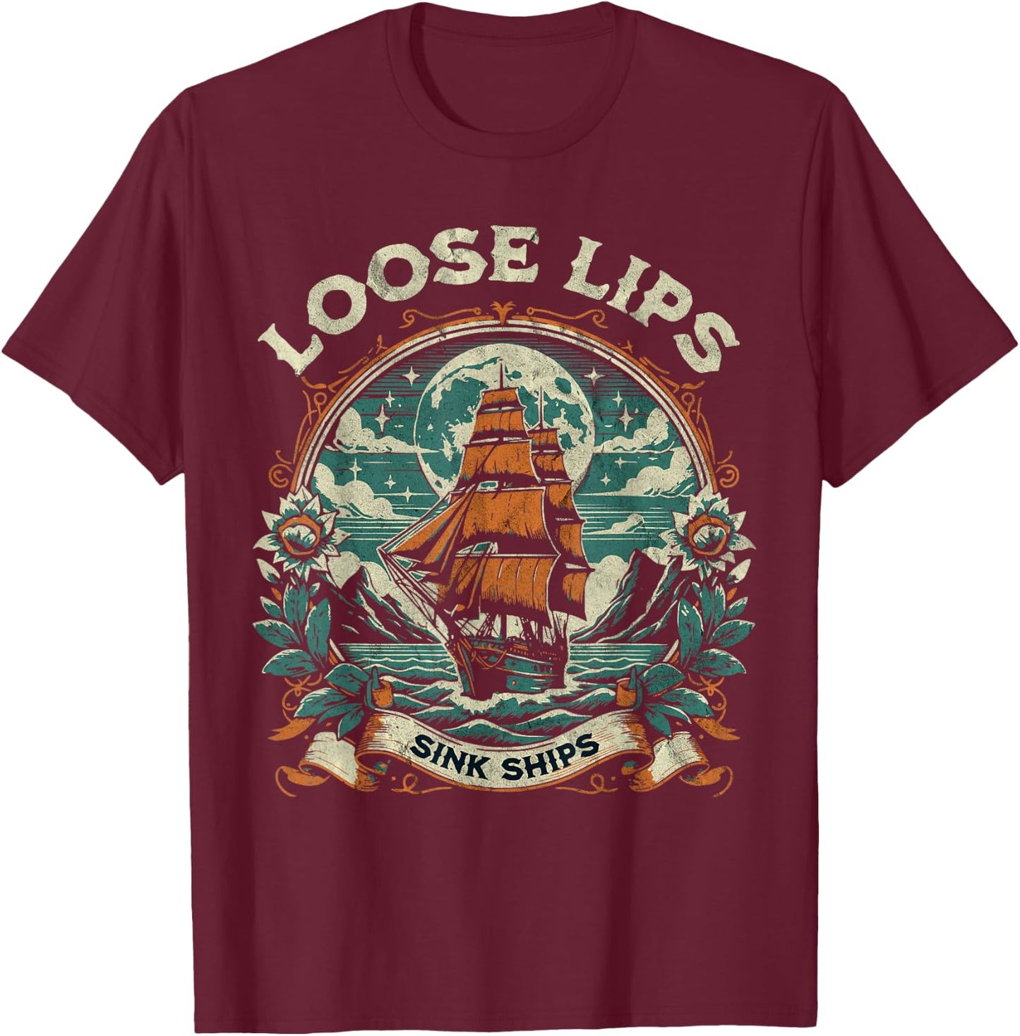 Vintage Loose Lips Sink Ships Traditional Nautical Sailor T-Shirt - T-Shirt | Maroon
