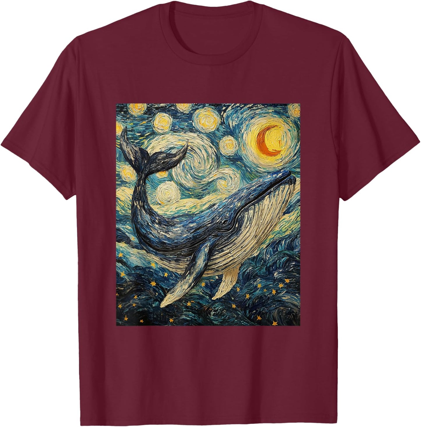 Whale Fish Van Gogh Style Starry Night Sea Graphic T-Shirt - T-Shirt | Maroon