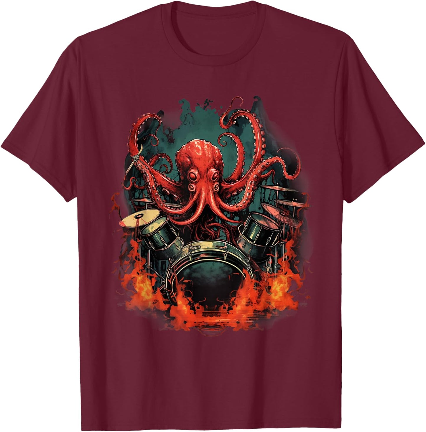 Octopus Japanese Playing Drums Drummer Drumming Musician T-Shirt - T-Shirt | Maroon
