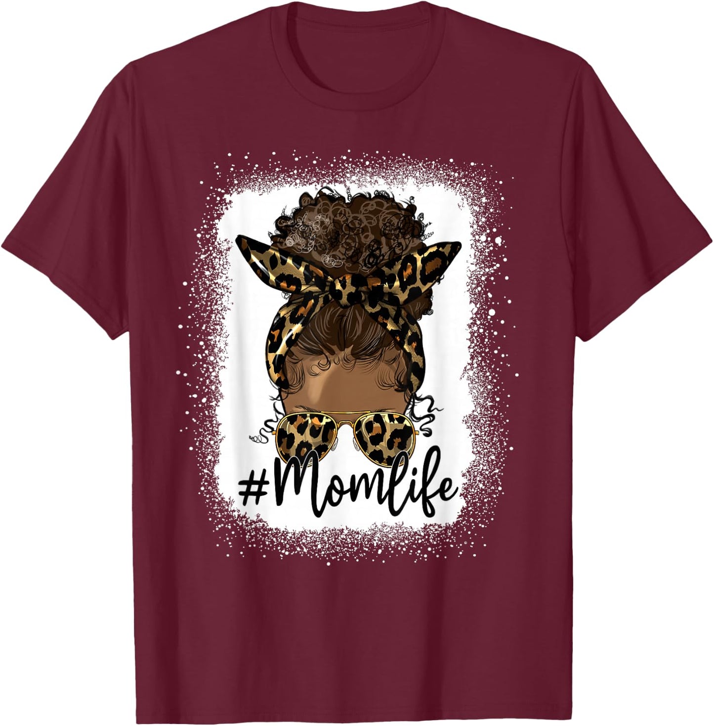 Mom Life Black Women Afro Messy Bun Leopard Mother's Day T-Shirt - T-Shirt | Maroon