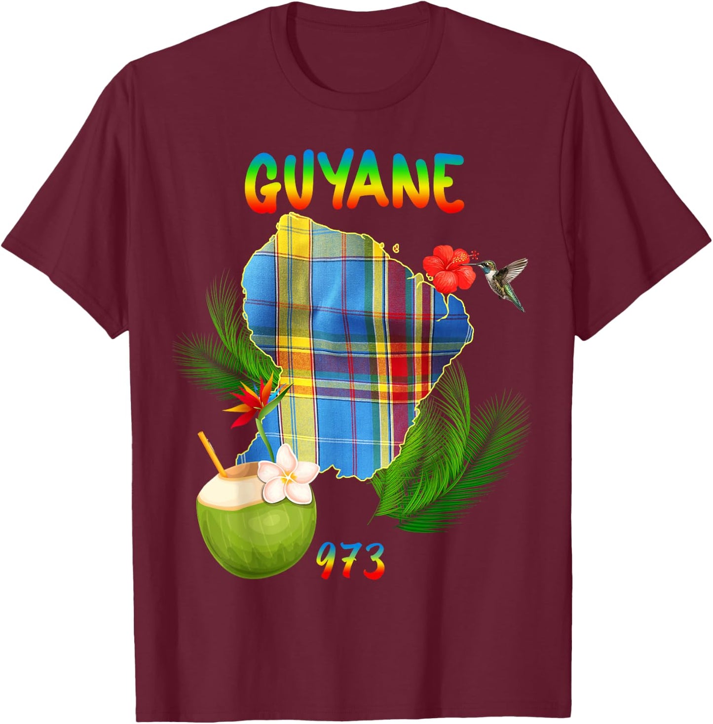 Beautiful French Guiana 973 Madras Hibiscus Hummingbird Coconut T-Shirt - T-Shirt | Maroon