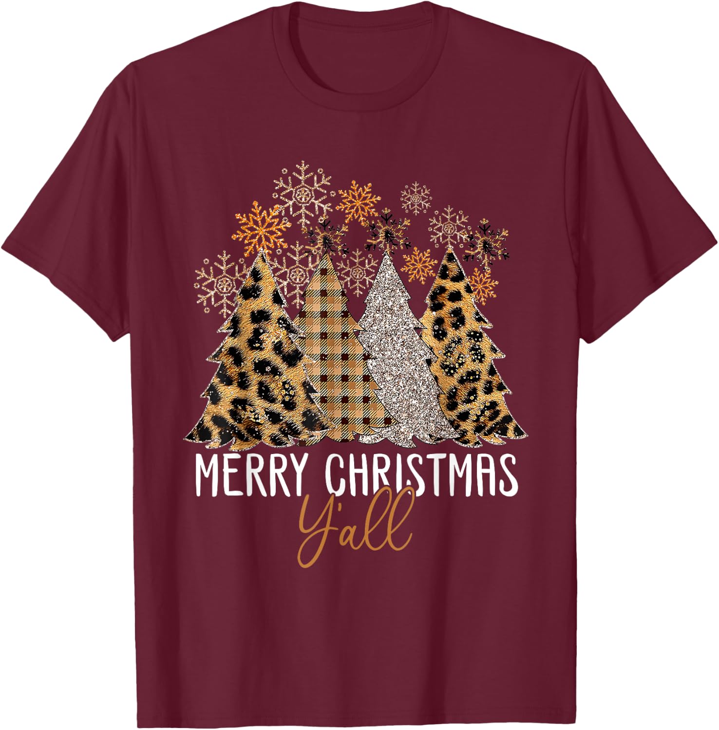 Family 2024 Merry Christmas Y'All Tree Leopard Pajamas T-Shirt - T-Shirt | Maroon