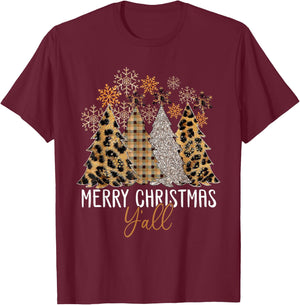 Family 2024 Merry Christmas Y'All Tree Leopard Pajamas T-Shirt - T-Shirt | Maroon