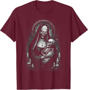 Demonic Nun Gothic Horror Dark Occult Creepy Unholy T-Shirt - T-Shirt | Maroon