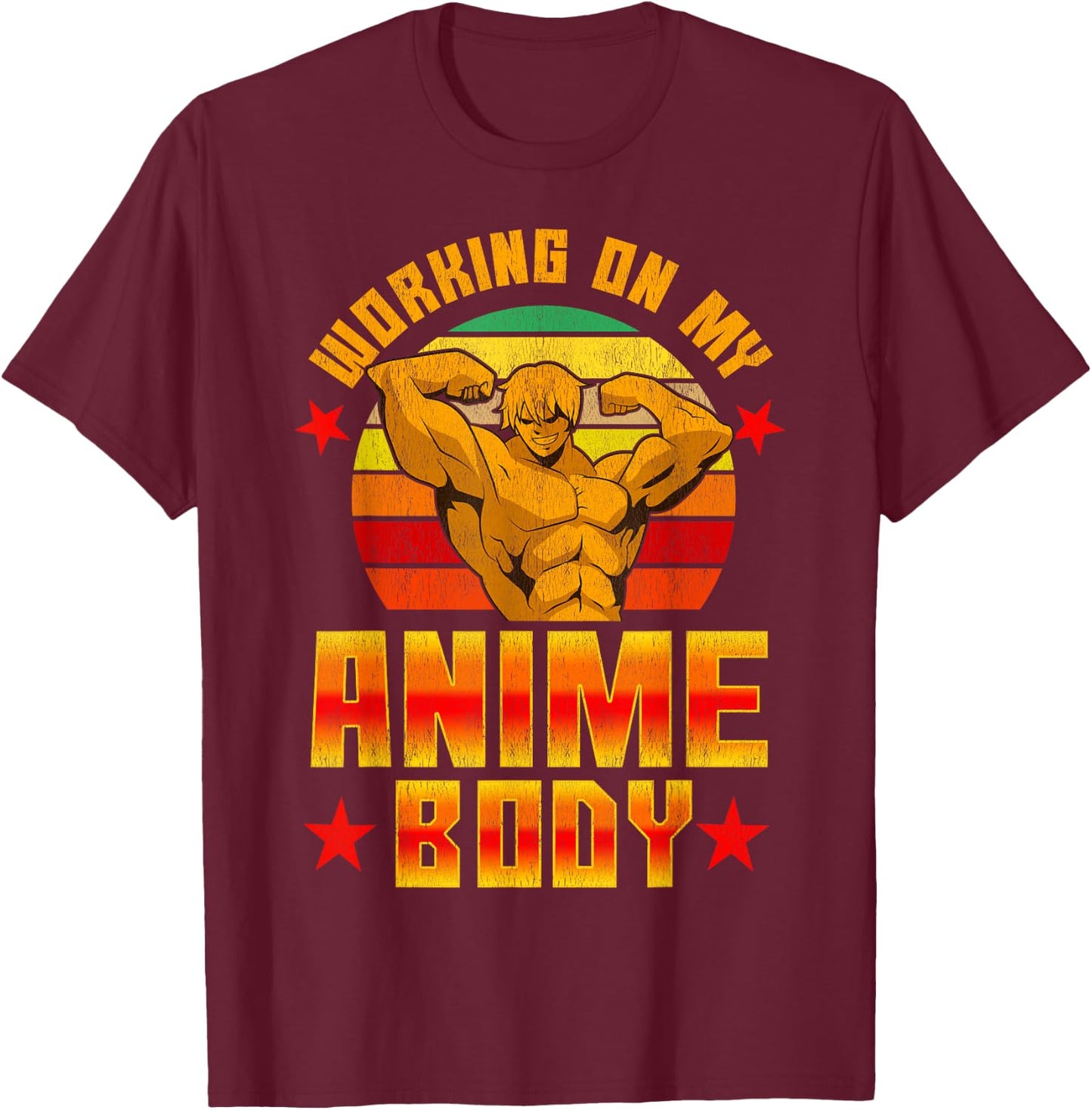 Working On My Anime Body Vintage Retro Bodybuilder T-Shirt - T-Shirt | Maroon