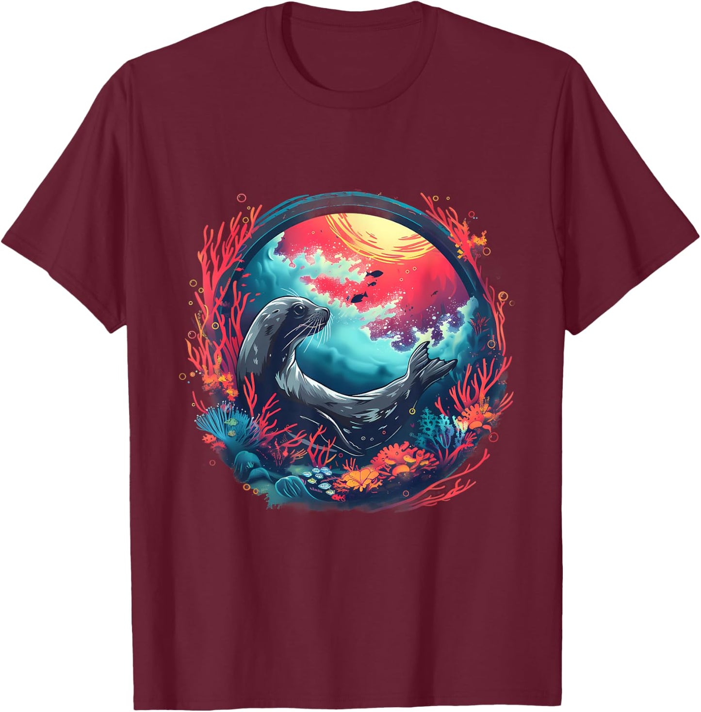 Seal Ocean Sea Animal Sea Ocean Seal Artwork Marine Mammal T-Shirt - T-Shirt | Maroon