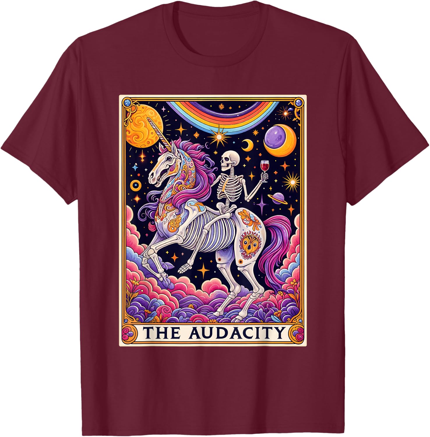 The Audacity Tarot Card Shirt Rainbow Skeleton Unicorn Lovers , black T-Shirt - T-Shirt | Maroon