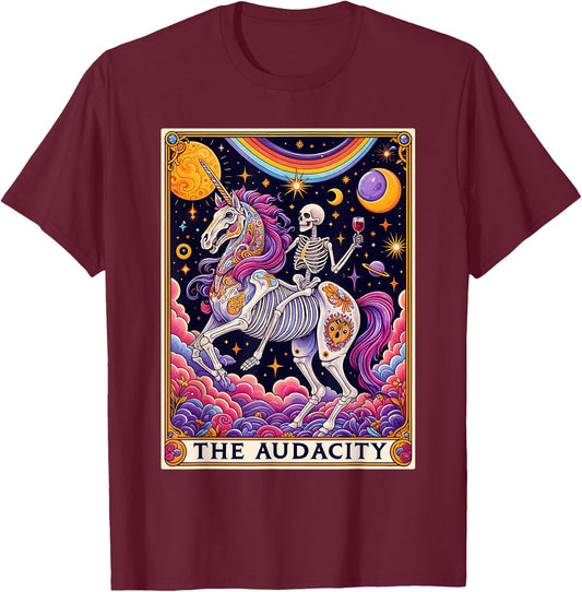 The Audacity Tarot Card Shirt Rainbow Skeleton Unicorn Lovers , black T-Shirt - T-Shirt | Maroon