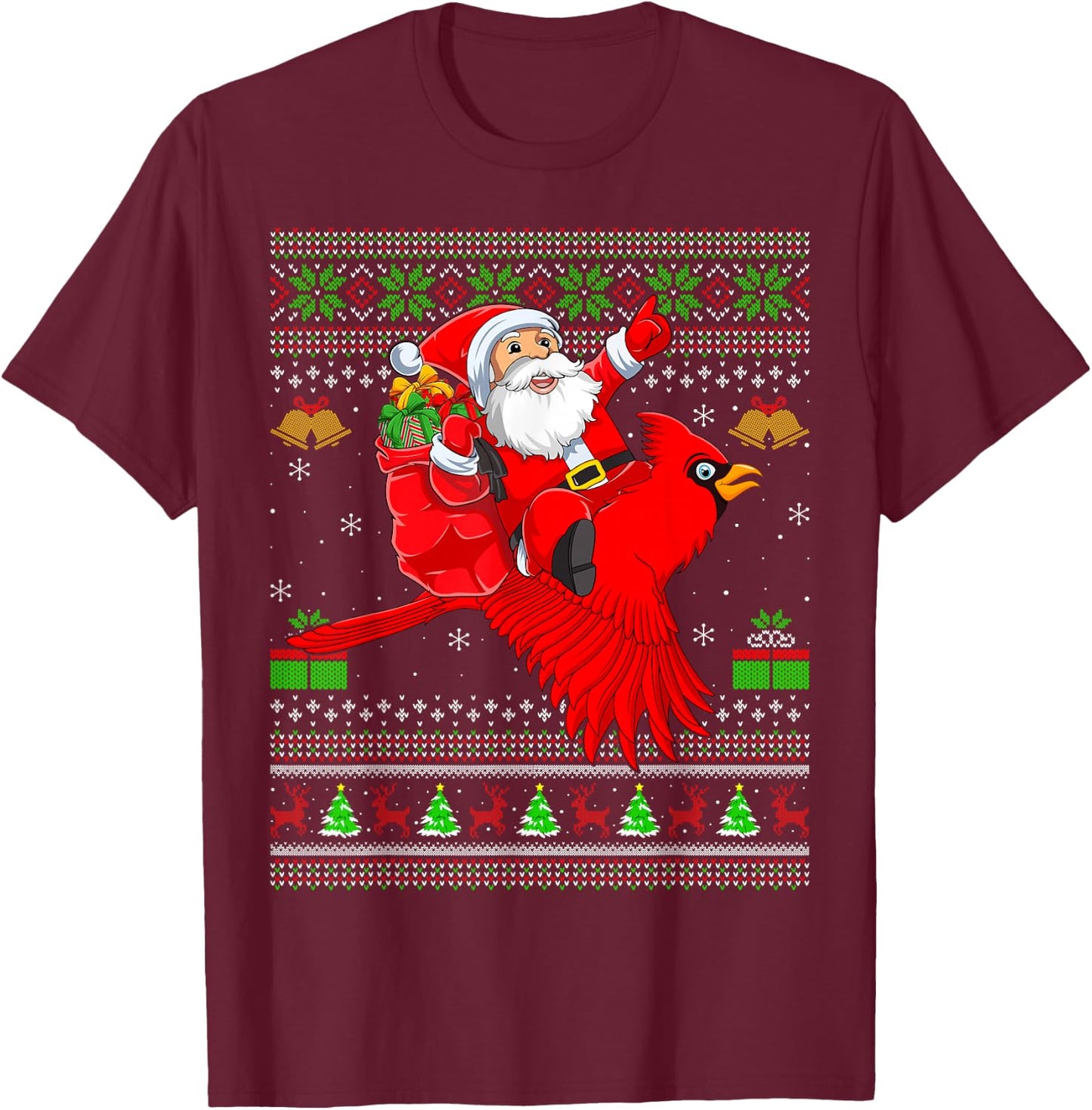Ugly Xmas Sweater Funny Santa Riding Cardinal Bird Christmas T-Shirt - T-Shirt | Maroon